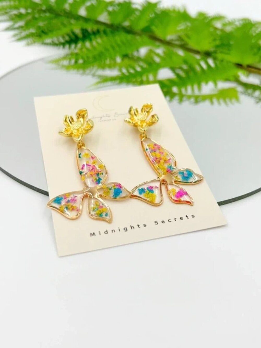 Gold Floral Butterfly Drop Earrings | Colorful Dried Flower Statement Earrings